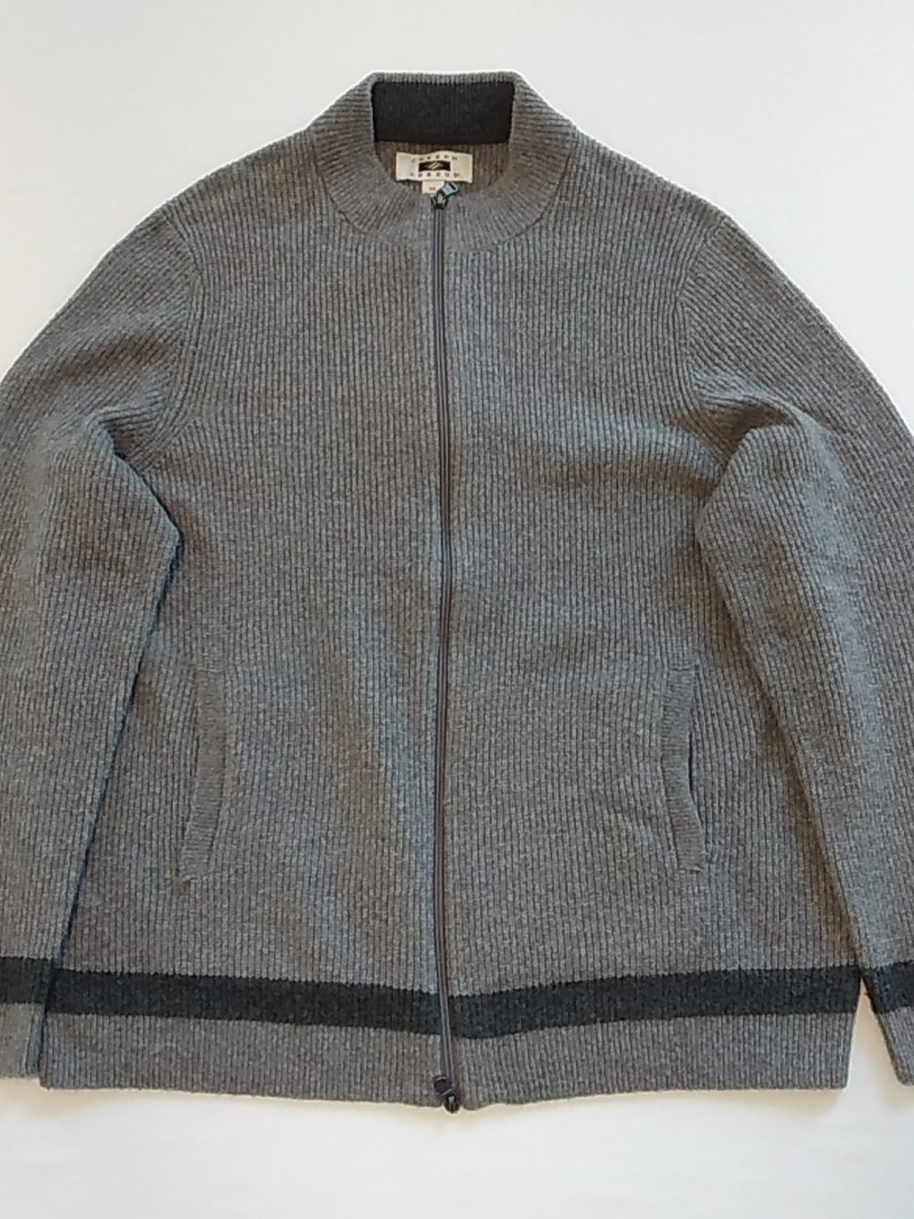 Joseph Abboud Men's Gray XL Zip-Front Ribbed Cardigan, Dark Hem Stripe Old Money